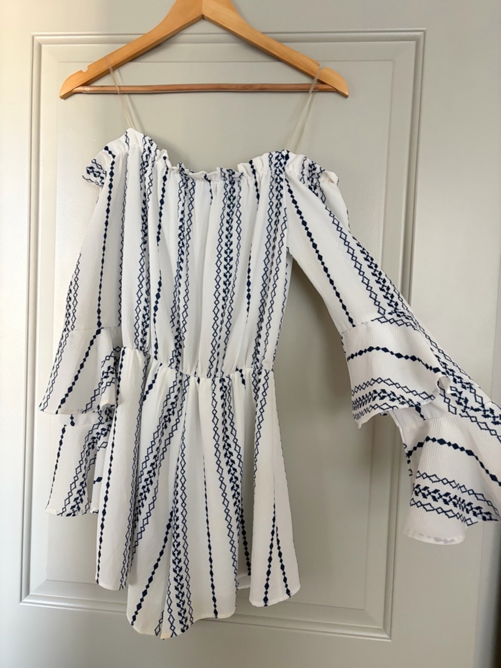 Off-Shoulder White Dress with Navy Stripe Detail